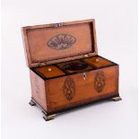 A George III satinwood rectangular tea caddy, cross banded and inlaid,