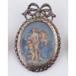 An oval miniature depicting Venus attended by cherubs, in a marcasite frame with ribbon-tie crest,