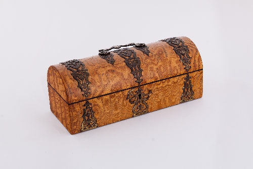 A Victorian pollard oak glove box with pierced brass strap work mounts and handle,