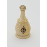 An ivory water sprinkler with pierced and turned cover, crested, 8.