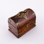 A Victorian walnut tea caddy, with brass mounted dome cover and strapped corners, 14.