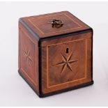 A George II walnut square tea caddy with ring handle to the top and inlaid a five point star to top,