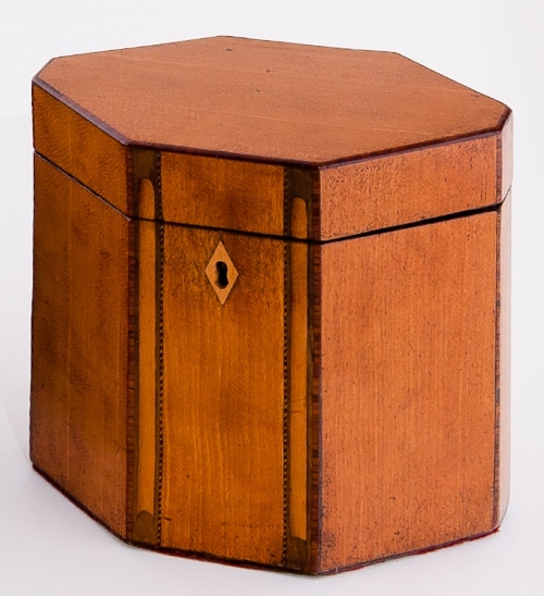 A late 18th Century satinwood tea caddy of octagonal form banded in tulipwood and inlaid arches to