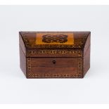 A late 19th Century Tunbridge ware stationery box, with sloping cover and fitted interior,
