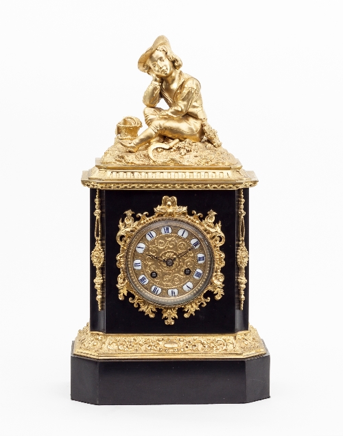 A French black marble and ormolu mantel clock, the eight-day movement striking on a bell,