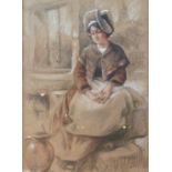 P L/Peasant Woman Preparing Food/a pair/signed indistinctly/coloured chalk on brown paper,