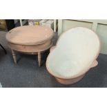 An oval tin bath with lockable cover on a stand with turned legs,