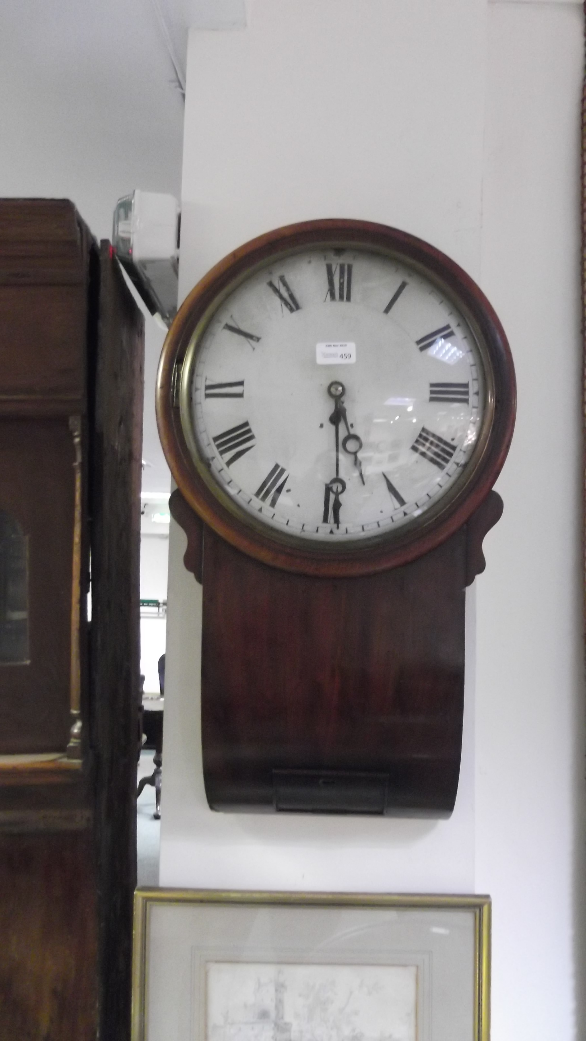 A Regency mahogany wall clock with a circular white enamel convex dial and shaped trunk beneath, - Image 2 of 3