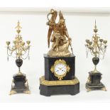 A late 19th Century black marble and gilt metal mounted eight-day clock set,