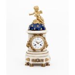 A French ormolu mounted white marble mantel clock, the enamel dial signed Planchon, Paris,
