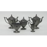 A Britannia metal five-piece tea and coffee service, each with half lobed body and beaded rim,