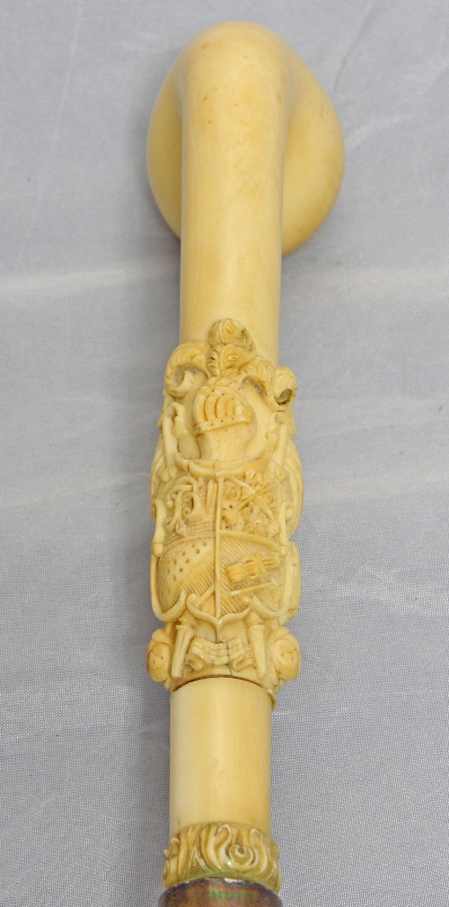 An ivory and ebony walking cane with ivory ball knop and tip, - Image 2 of 2