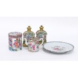 A pair of Cantonese teapoys decorated flowers and foliage with gilt metal mounts, 16.5cm high, a