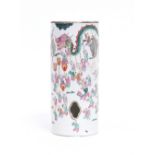 A Chinese famille rose porcelain lamp of cylindrical form painted with figures in pavilions, 29cm