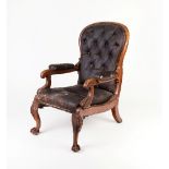 A George IV reclining oak library armchair by R Daws, with adjustable mechanism, on carved front