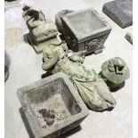 A pair of reconstituted stone garden vases, a stone figure etc.