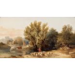 Attributed to Alfred Montague (British 1832-1883)/Shepherd and Sheep by a River/oil on canvas,