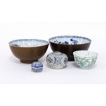 A Chinese blue and white Nankin bowl, 16.5cm diameter, another 15cm diameter, a blue and white jar