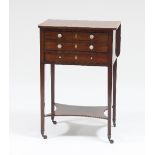 A Regency mahogany worktable with crossbanded single-flap top above two drawers on square tapering