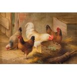 Edgar Hunt (British 1876-1955)[ARR]/Chickens in a Barn with Basket of Leaves and Broom/signed and