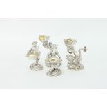 Two pairs of plated table salts, one pair modelled as a young couple with baskets,