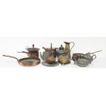 Sundry copper, pewter and brass including pewter plates, copper saucepans etc.