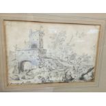 E Garemipi/Horsemen near a Bridge/signed and dated 1701/pencil and wash, 16cm x 24.5cm Condition