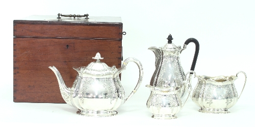 A four piece EPNS tea set of oval form in a mahogany presentation box,