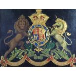 An armorial coach or carriage panel, painted with the Royal coat of arms onto panel, 49cm x 63cm