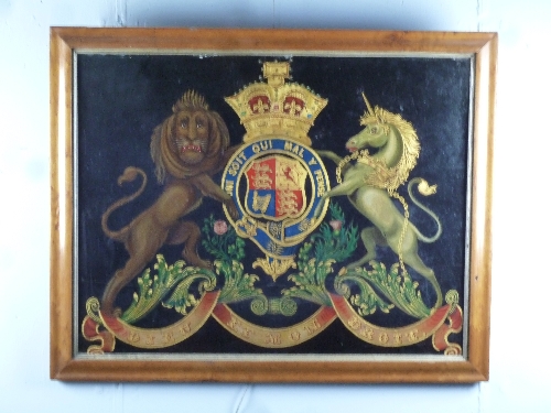 An armorial coach or carriage panel, painted with the Royal coat of arms onto panel, 49cm x 63cm - Image 2 of 2