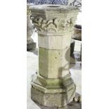 A hexagonal pedestal with floral capital, 91cm high Condition Report: Some chips to foliate details.