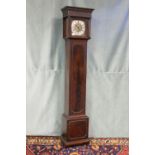 A good English 19th century flame mahogany grandmother clock having blind fret carving. Height