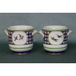 A fine pair of French 19th century cachet pots with painted bird decoration. Height 12cm, Width