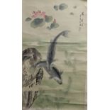 A good hand painted Eastern water colour on silk depicting fish, signed. Height 82cm, Width 46cm