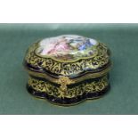 A good French 19th century Sevres lidded jewel box having hand painted central panel of the courting