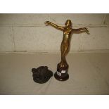 Art Deco style lady on wooden base 36 cm together with modern resin bronze (2)