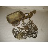 20th Century Bronze Horse and Cart group together with horse brasses