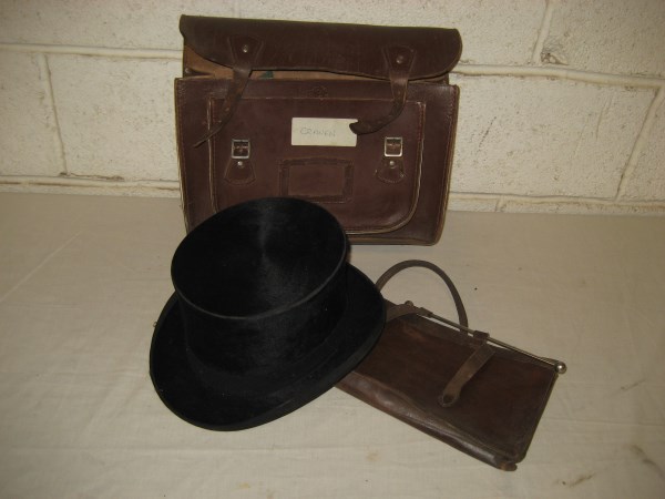 Early 20th Century London top hat together with a satchel etc. (contents of 1 box)