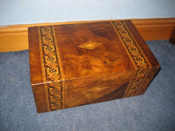 A late 19th century Tunbridge ware walnut work / writing box 35cm wide.