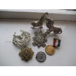 A Calcutta civil guard cap badge, a pair of plated hens etc. (the contents of 1 bag)