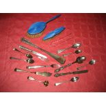 A silver blue enamel dressing table brush together with another; a quantity of silver and plated