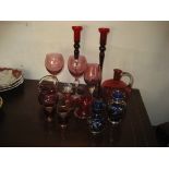 A late 19th Century/early 20th Century Cranberry glass vase, Cranberry glass basket etc