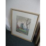 20th Century German Water Colour of Windmill 28 cm by 38 cm