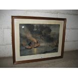 An early 20th Century engraving by William Forest depicting salmon being speared by torchlight on