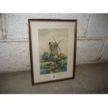 W Arthur Rouse watercolour depicting a windmill in rural landscape with two clouds to foreground