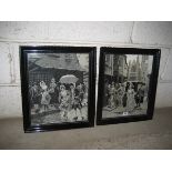 A pair of 20th Century silk pictures depicting 18th Century scenes 37 cm x 30 cm