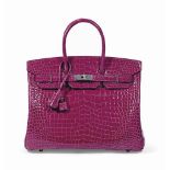 SAC BIRKIN 35 EN CROCODILE POROSUS LISSE ROSE SCHÉHÉRAZADE, GARNITURE EN MÉTAL ARGENTÉ PALLADIÉ