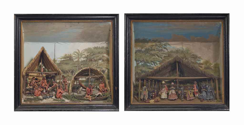 Gerrit Schouten (1779-1839)
Amérindiens et Scène de danse (ensemble de deux dioramas en papier maché