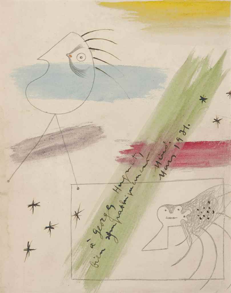 Joan Miró (1893-1983)
Sans titre
signé, daté, et dédicacé 'à Georges Hugnet, bien sympathiquement