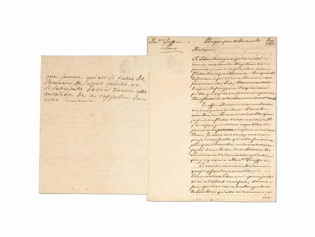 [Marie-Thérèse Rodet GEOFFRIN (1699-1777)]. Lettre autographe, non signée, à M. de Villette. S. l.